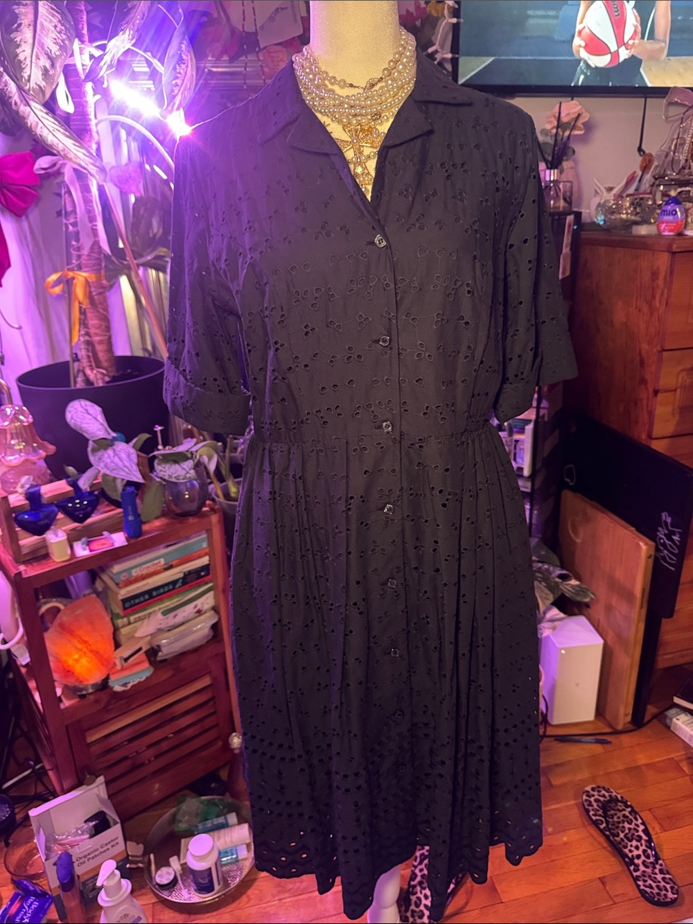 Donna Karan Black Eyelet Button-Front Women’s 100% Cotton Dress